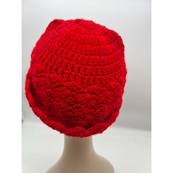 Red crochet knit woven hat beanie cap scallop edge colorful Small Womens - Picture 4 of 6